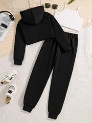 Çocuk giyim sonbahar kızların moda seti trendy siyah hoodie + beyaz omuz askısı astar + siyah pantolon 3-piece set