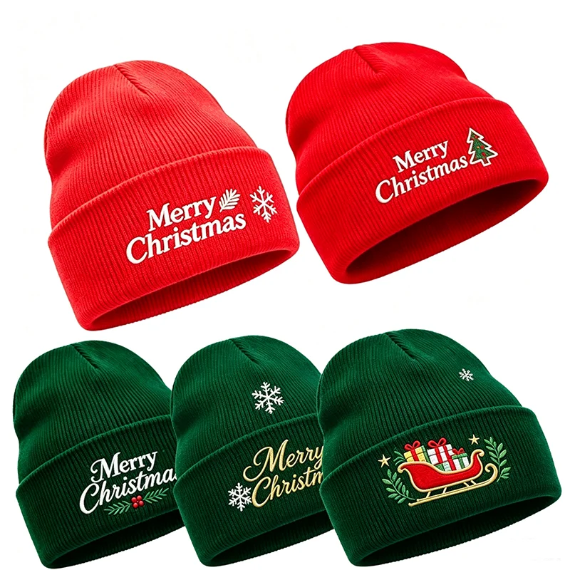 Christmas Embroidery Beanie Hat Merry Christmas Knitted Cap Winter Warm Soft Skullcap Holiday Party Xmas Gift for Men Women