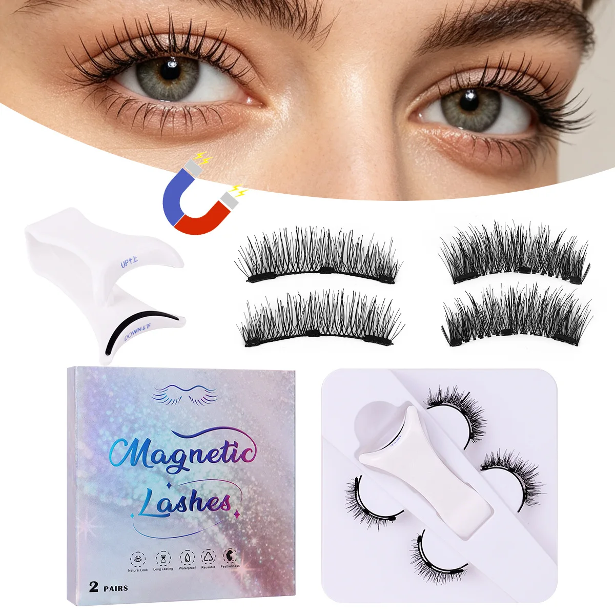 `Magnetic Eyelashes Set, New Style 2 Pairs Fluffy Natural Long Thin‑Band Hand‑Tied Magnetic False Eyelashes`