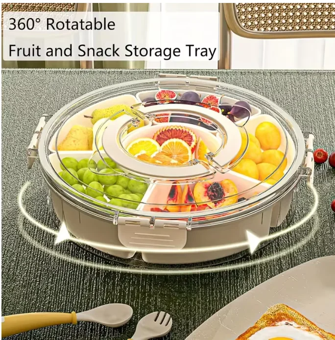 Creative Split Rotating Tray with Lid and Handle, Portable Fruit and Snack Box, Vegetable Cooked Food, Transparent Snack Spinach