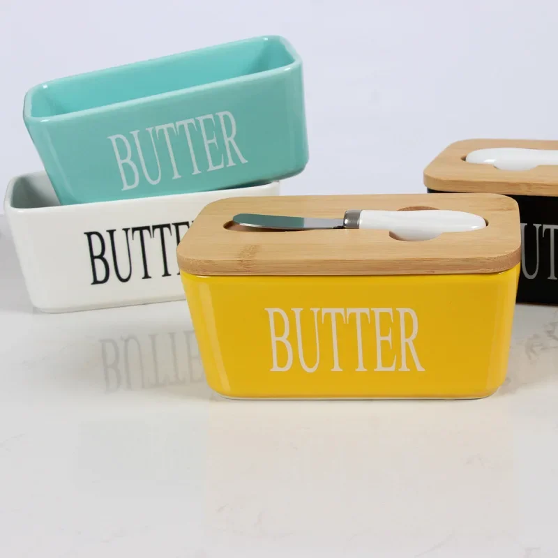 

New Ceramic Butter Box with Scraper Ceramic Rectangular Butter Dish with Wooden Lid Cheese Ceramic Butter Box Moisture-proof