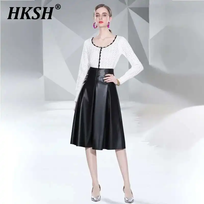 

HKSH Весна Осень Новый женский Tide Office Lady Y2K Комплект из двух предметов Вязаный свитер с высокой талией Тонкая кожаная юбка Элегантный HK3433