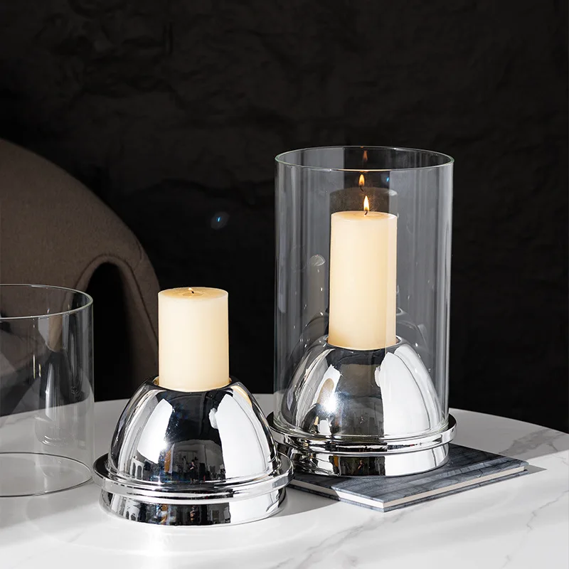 Modern light luxury high-end model room coffee table, stainless steel silver candlestick living room desktop