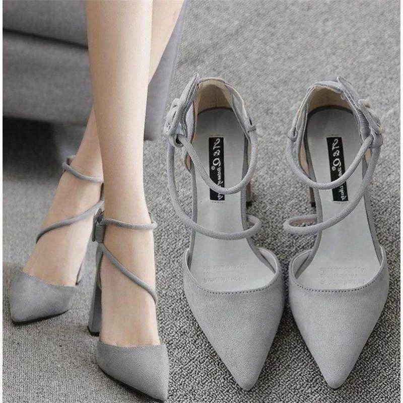 Women\'s Shoes Sandals Female Summer Thick with High-heeled Pointed Stiletto Sexy Nightclub Buckle Strap Zapatilla Mujer