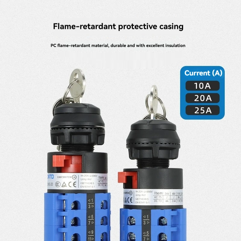 CNTD CLW2-20UY1 Cam Switch Key Operated Rotary Switch 20A AC690V IP65 Single Hole Mount Industrial Changeover Switch