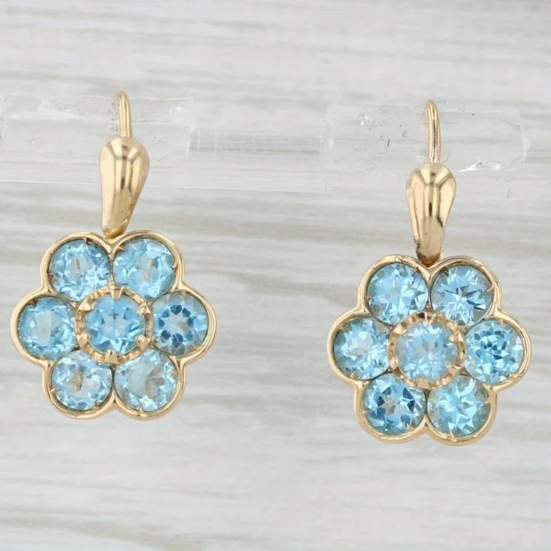 Shine Gold Color Sea Blue CZ Dangle Earrings Woman Geometry Flower Party Daily Wear