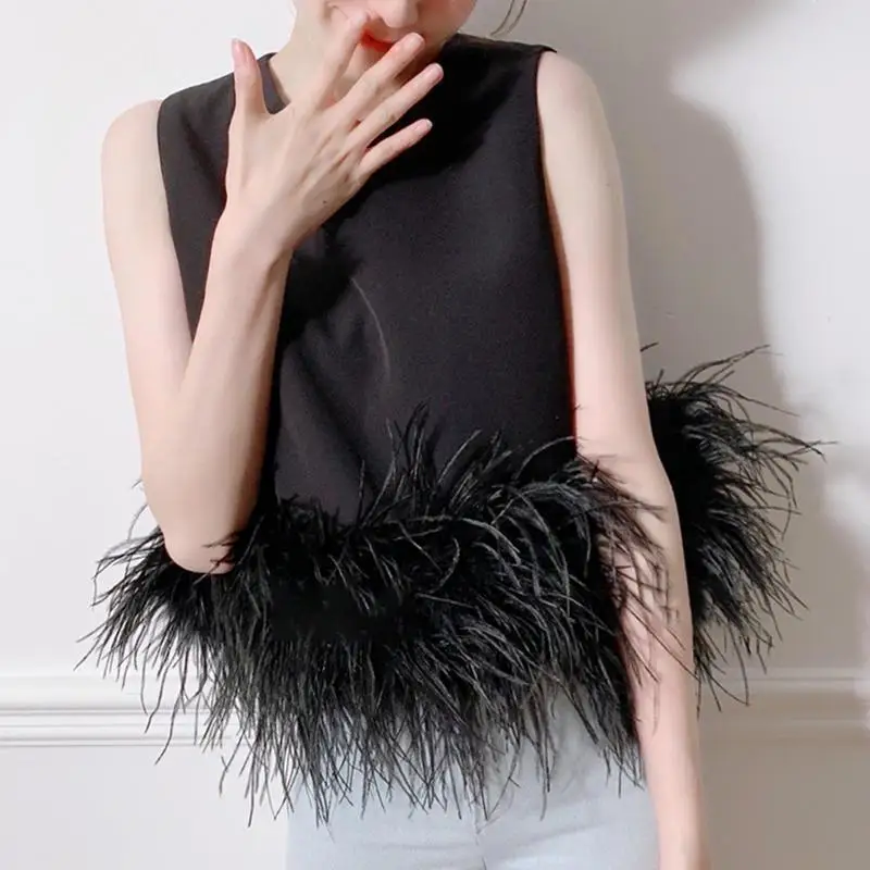 

Women's Summer Vests Sleeveless Patchwork Ostrich Feather Tassel Shirt Waistcoat Lady 2023 Y2K Fashion New O Neck Sexy Slim Top