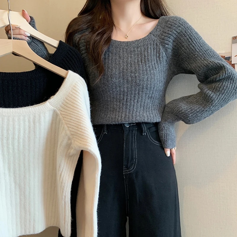 Herbst Winter Lose Frauen Pullover Casual Weiche Lange Puff Sleeve Pullover Jumper Strickwaren Grundlegende Pullover Für Frauen Tops – Detail 2