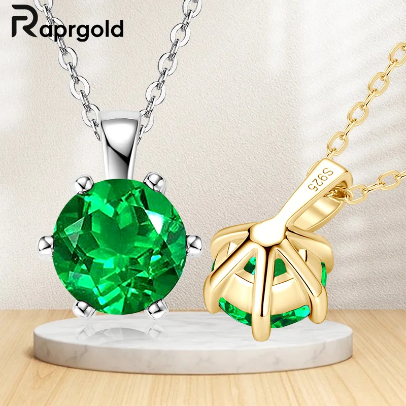 

RAPRGOLD настоящее ожерелье из стерлингового серебра 925 пробы для женщин, искусственный изумруд, круглая подвеска-цепочка, свадебная шея, роскошные ювелирные изделия, подарок