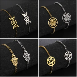 Vintage Pentagram Goddess Hamsa Hand Women's Bracelet on Hand Stainless Steel Charms Link Chain Amulet Wicca Viking Jewelry Gift
