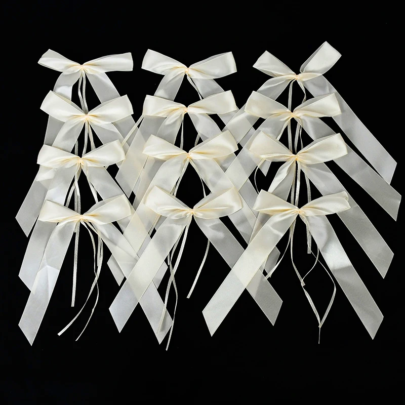 50pcs White Champagne Satin Twist Tie Bows DIY Craft Gift Wrap Wedding Car Decoration Ribbon Bows For Wedding Christmas Party