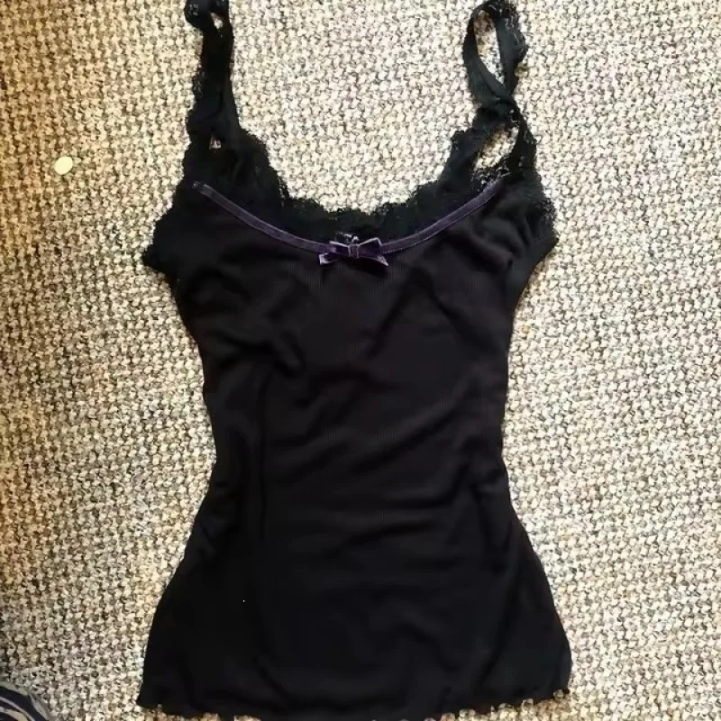 Lace Trim Spaghetti Strap Cami Top Ribbed Slim Fit Front Bow Decor Y2K Casual Summer Tank Top