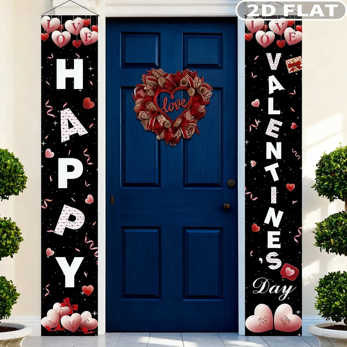 2D FLAT 1pair Valentines Day Party Packs Door Porch Banner 1x6 FT Polyester Happy Valentine's Day Love Signs Black Backdrop