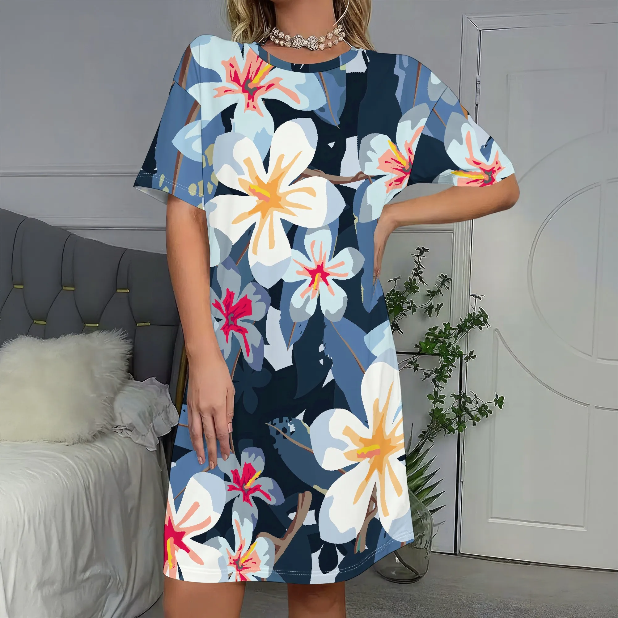 

Floral Print, Short Sleeve Dress, Casual T-Shirt Style, A-Line Fit, Summer Beachwear, S-2XL