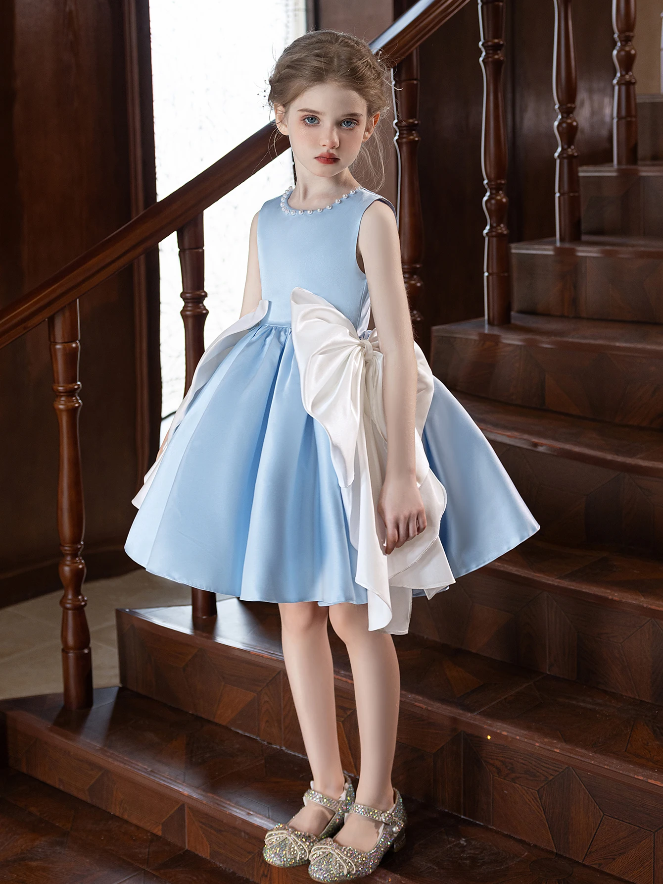 High Quality Blue Wedding Dress for Girls with Big Bow Girls Party Short Evening Dress