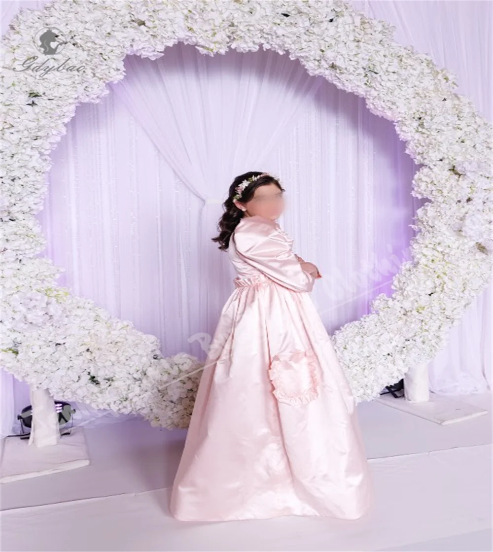 Vestido de niña de flores de satén rosa, decoración de bolsillo para boda, cuello redondo, vestido para ocasión Formal, personalización de primera comunión de princesa