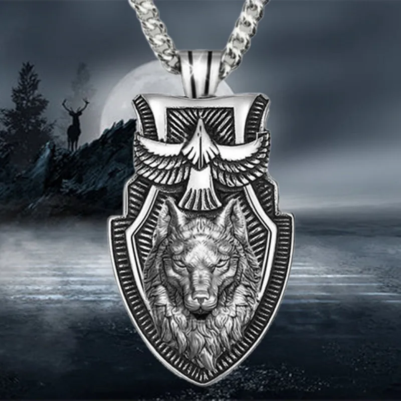 Fashion Men\'s Wolfhead Necklace Stainless Steel Triangle Pendant Hip Hop Necklaces for Men Punk Animal Jewelry Anniversary Gift