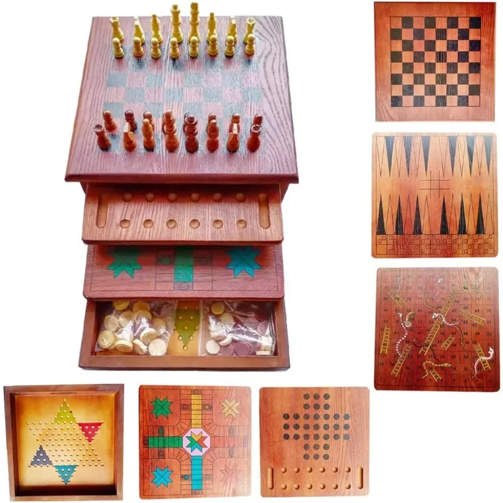 

Chess Set Folding Checkers Snake Chess Toys Gift Chess Boards Game Backgammon Set 12.6x12.6x5.9 Inches 10 in 1 Travel