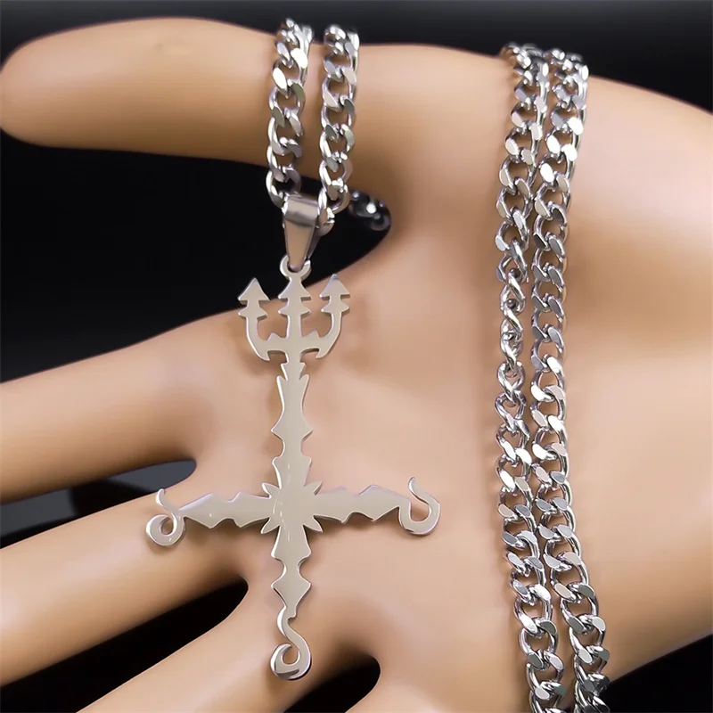 666 Satan croix inversée Trident collier démoniaque pour femmes hommes en acier inoxydable couleur argent déclaration colliers bijoux N8055SR