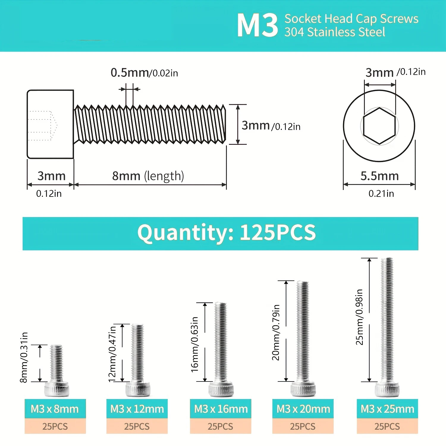 100-teiliges Kombinationsset M3 x 20 mm 25 mm 30 mm 35 mm 40 mm. 125-teiliges Kombinationsset M3 x 8 mm, 12 mm, 16 mm, 20 mm, 25 mm Sechskantschraube