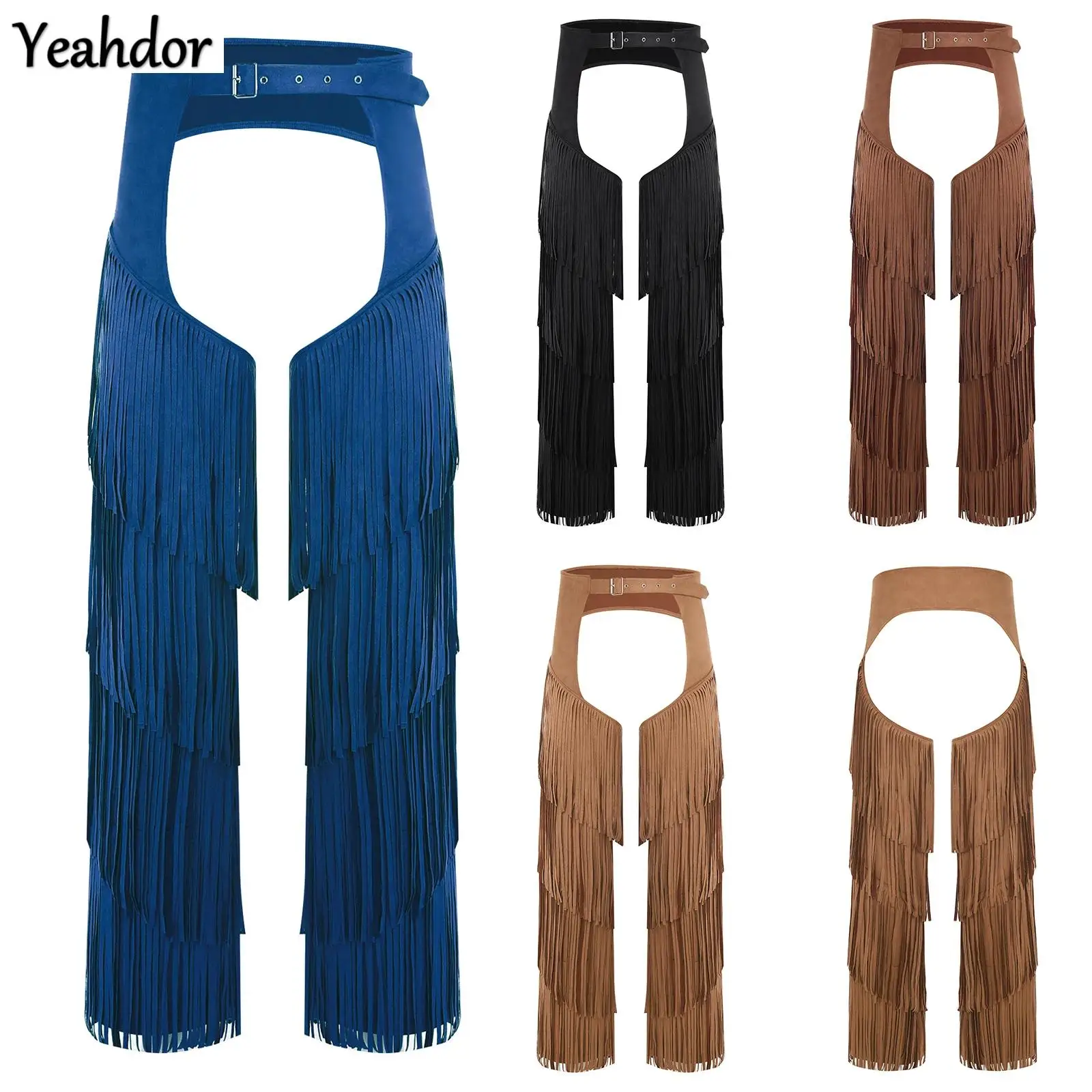 

Men Western Cowboy Chaps Vintage Gothic Steampunk Fringe Open Crotch Pants Adjustable Buckles Motorcycle Biker Trousers Clothes