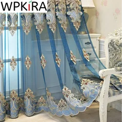 Cortinas de tul bordadas para sala de estar, pantalla de ventana azul lujosa de Europa, Panel de cortina de cocina de gama alta, AD511H