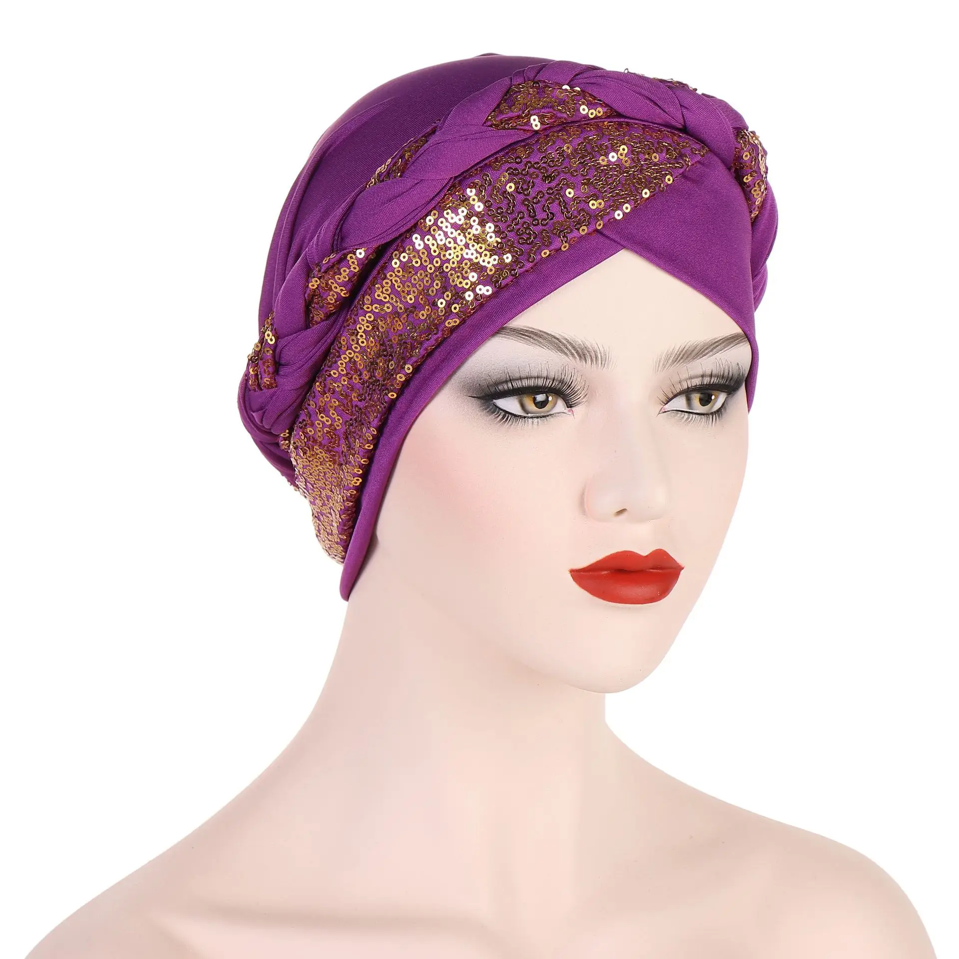 Women Turbans with Braid Decor Sequin Elastic Musilim Hijabs for Women Forehead Cross Islamic Women Ramadan Clothing Headwrap