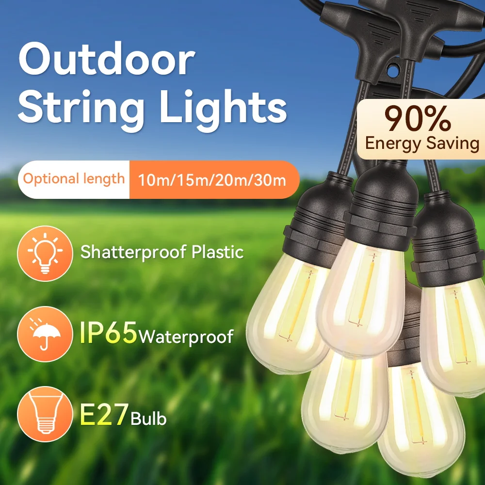 E27 Outdoor String Lights LED Bulbs UK/US Plug Waterproof Retro Bulb For Garden Decoration 10/015/20/30M String Lights