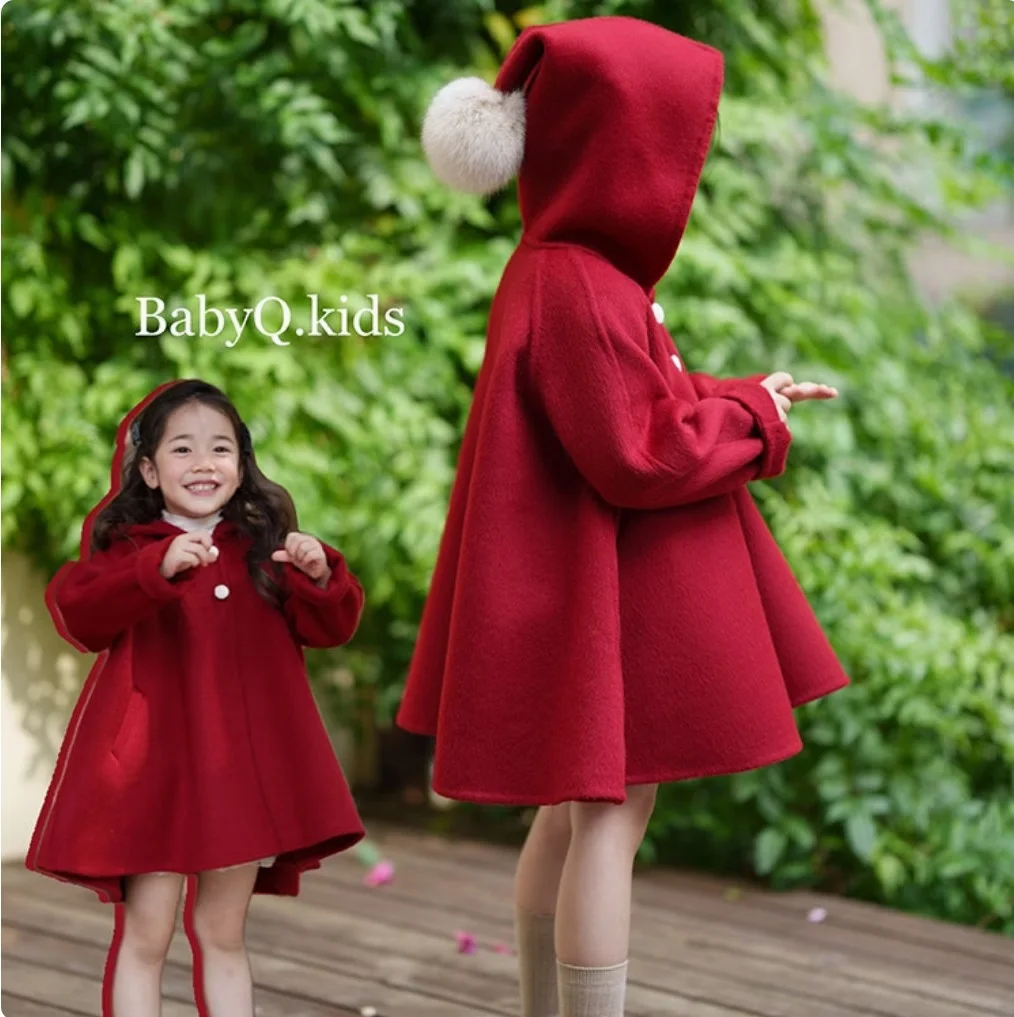 

Winter Baby Girls Cotton Pointed Hood Single-breasted Fleece Lined Woolen Cape Children Christmas Red Coat Kids Outfit Top 2-9Yr