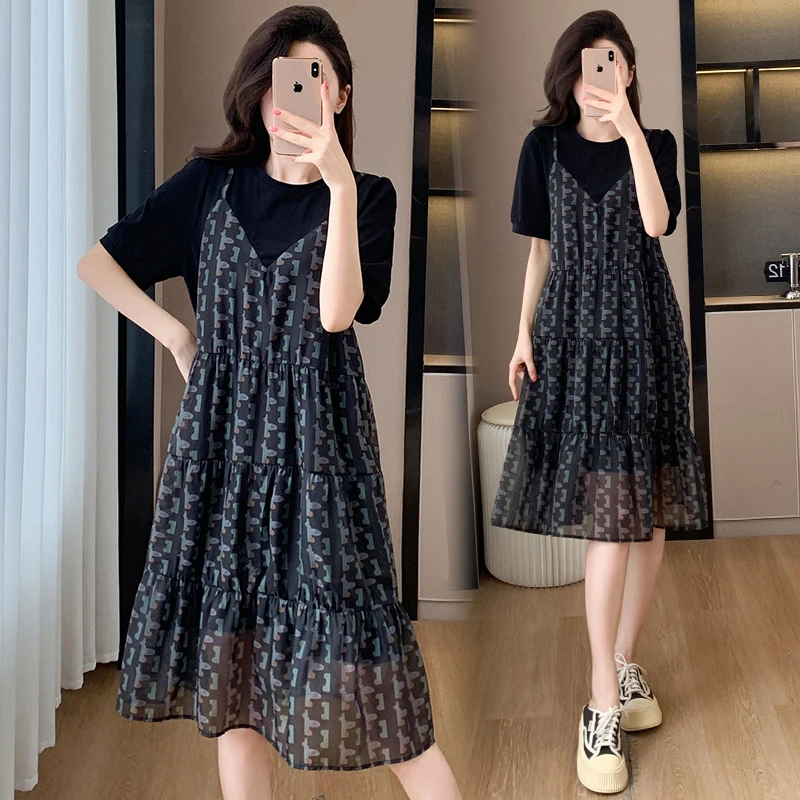 Faionable Summer New plus Size T-irt Dr with Lace Hem ort Sve round Ne Color Korean Sle Commute Wear