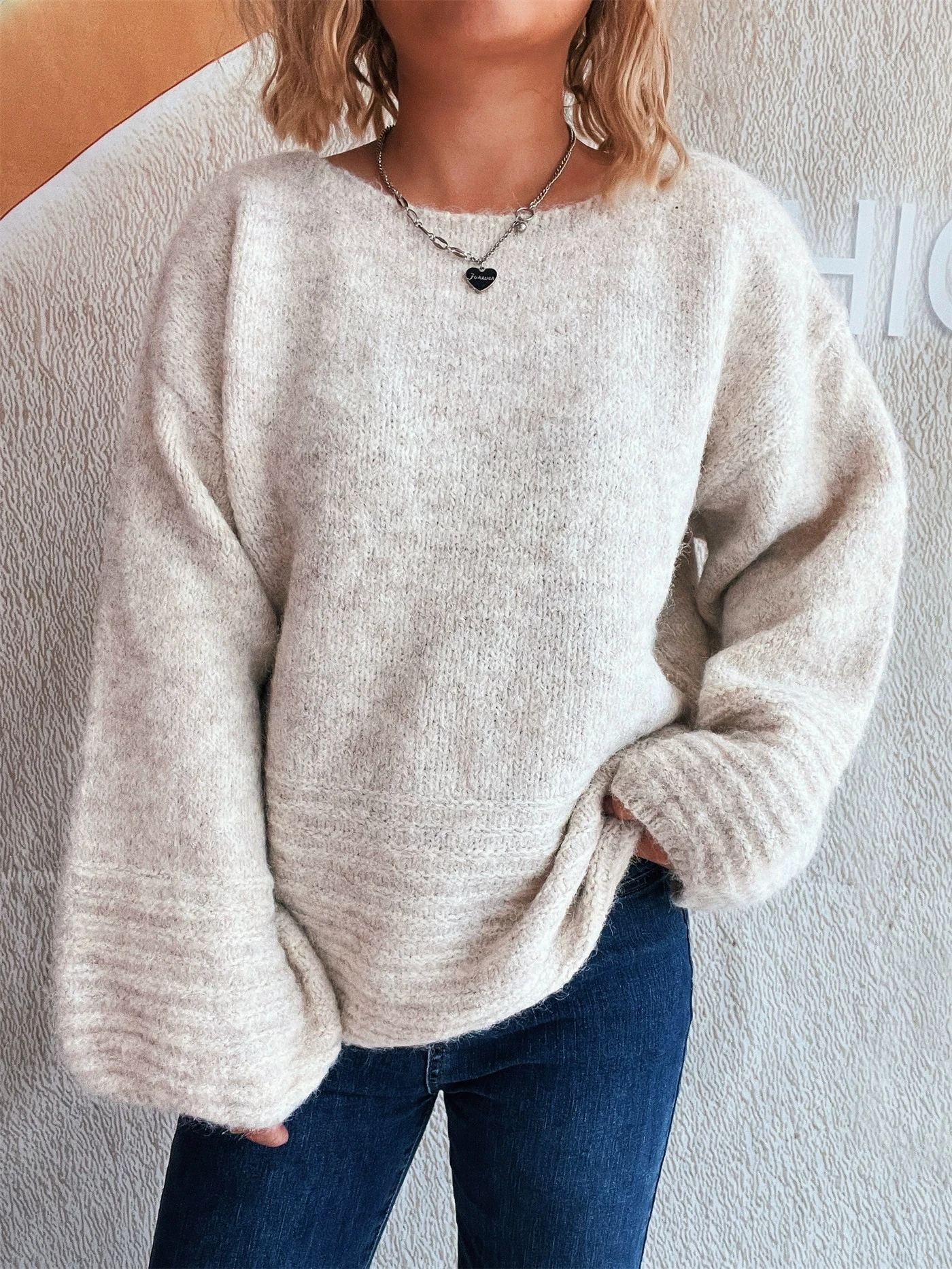 

Осенне-зимний однотонный повседневный элегантный модный свободный вязаный свитер с круглым вырезом в стиле ретро, шикарный пуловер с длинными рукавами