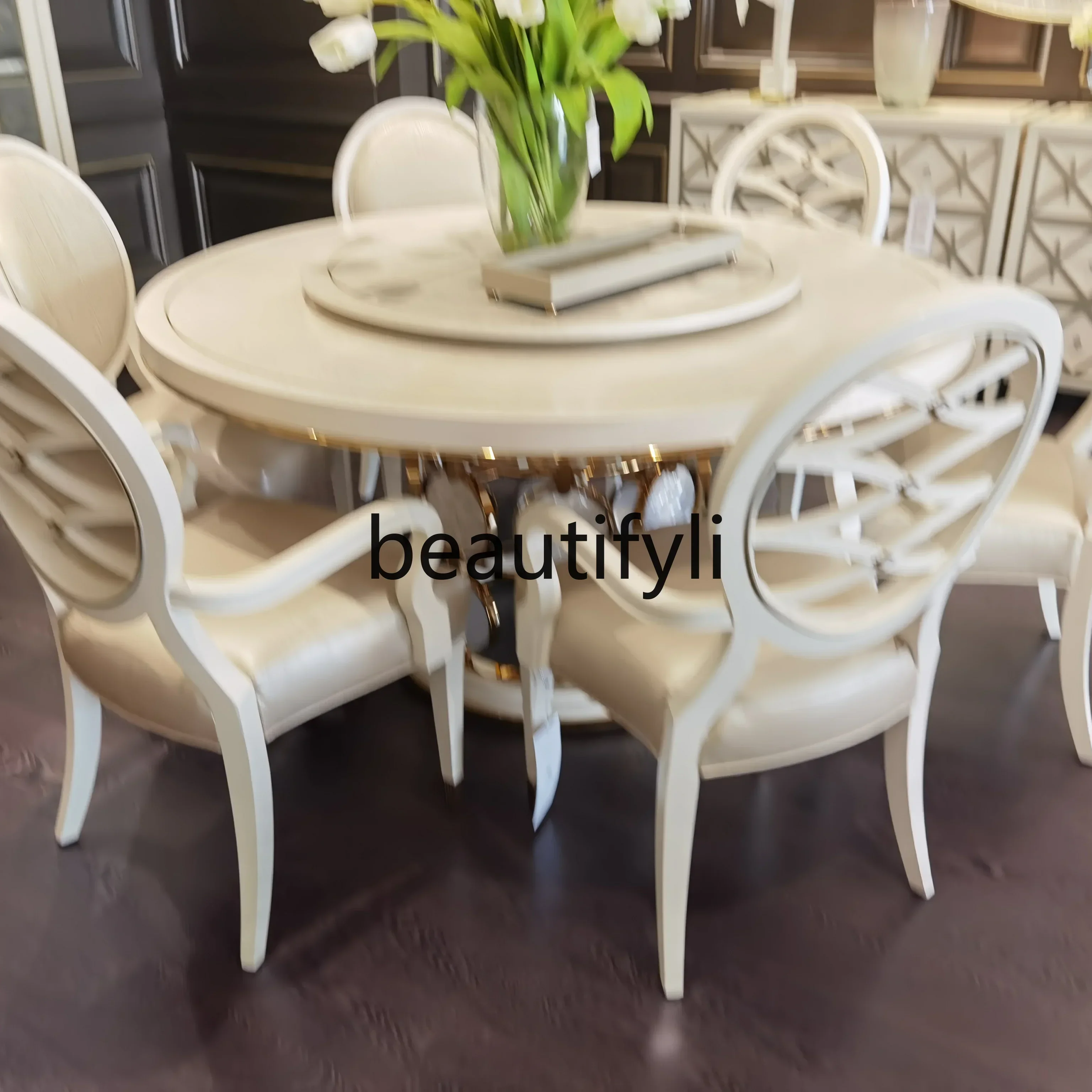 

Light Luxury Modern Carving Round Wooden American Dining Table Upholstered Dining Chair Customization