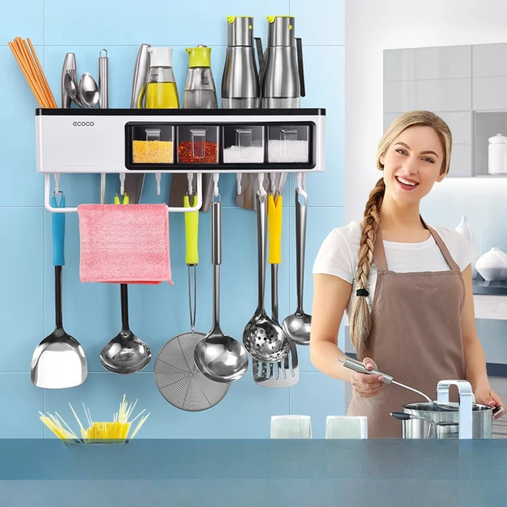 Multi-functional kitchen rack wall storage tool holder pendant kitchenware plastic punch-free seasoning rack