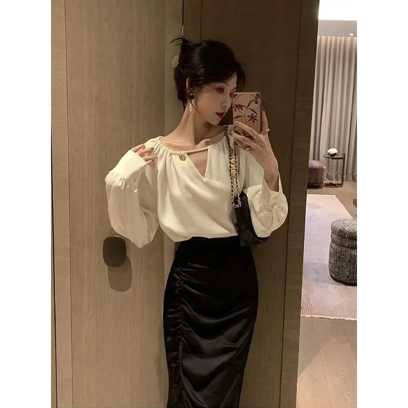 

Women's French Style Satin Button Blouse + Ruched Bodycon Midi Skirt 2 Piece Set