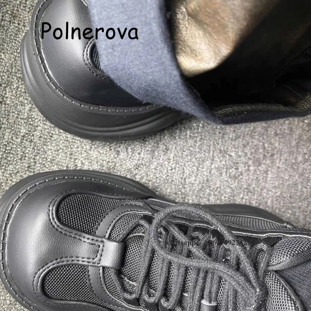 Black Round Toe Pumps Cross Tied Thick Sole Women's Shoes Spring Casual Height Increasing Ladies Comfortable High-Top New Shoes