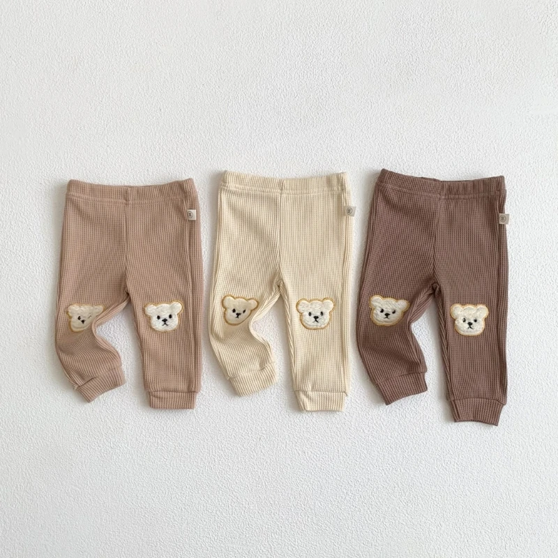Pantalones de algodón con apliques de oso de dibujos animados para niños y niñas, pantalones de cintura elástica media, pantalones informales