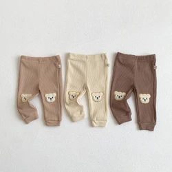 Cotton Baby Pants Cute Cartoon Bear Applique Boys Girls Pants Mid Elastic Waist Trousers Toddlers Baby Ribbed Casual Pants