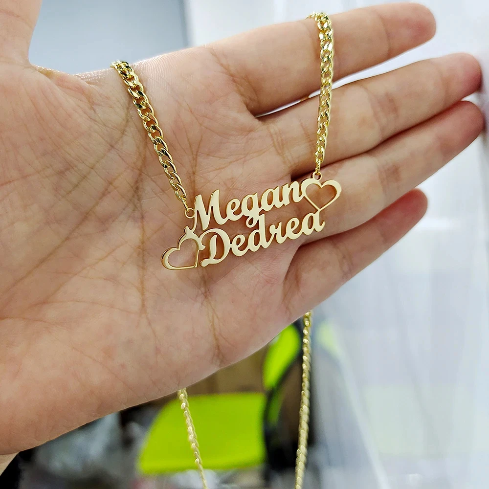 Customized Personalized Cuban Necklace Chain Letter Pendant Necklace Double Name Heart Necklace Women\'s and Men\'s Jewelry Gifts