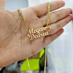 Customized Personalized Cuban Necklace Chain Letter Pendant Necklace Double Name Heart Necklace Women's and Men's Jewelry Gifts