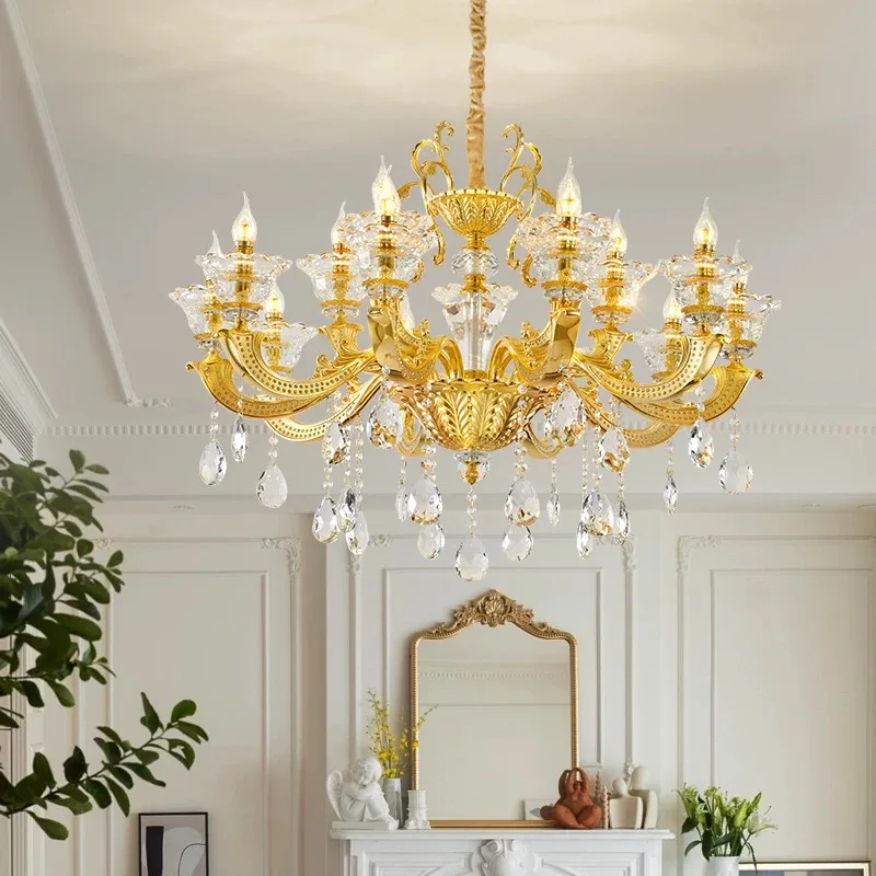 Luxury Gold Crystal Chandelier, Multi-Light Fixture, Nostalgic Living Room Bedroom Lighting, Retro Home Decor Lamp