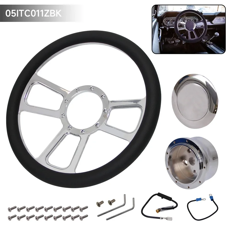 PVC Half Wrap Chrome Aluminum 14in Steering Wheel &Horn Button & 9 Hole Hub Adpter for Oldsmobile Pontiac 1969-1993