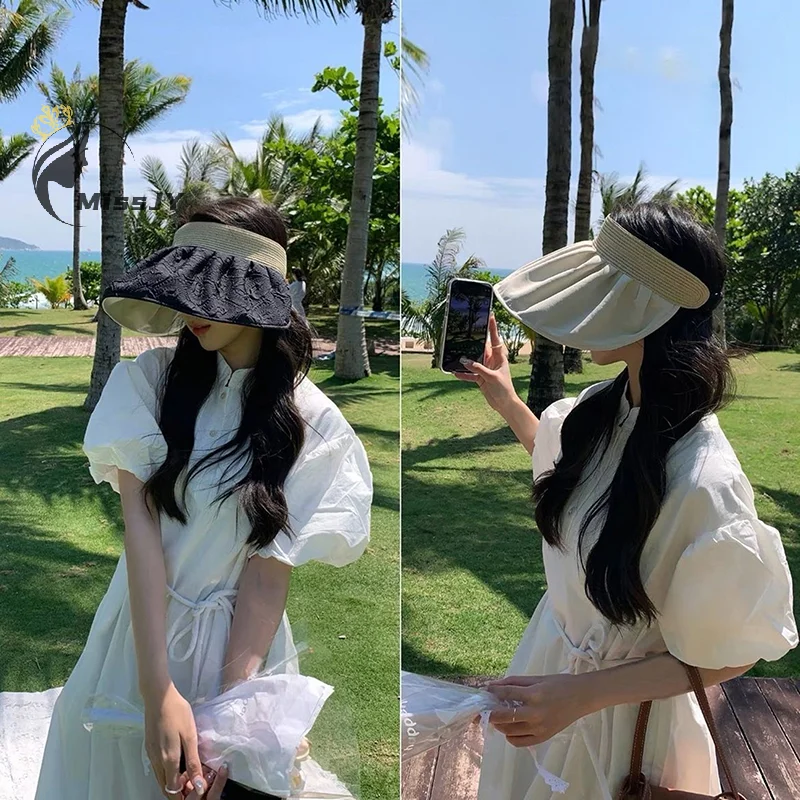 

Summer Travel Sunshade Sunblock Hat Large Eaves Anti-UV Temperament All Empty Top Hat Tidal Sun Hat Children's Straw Hat