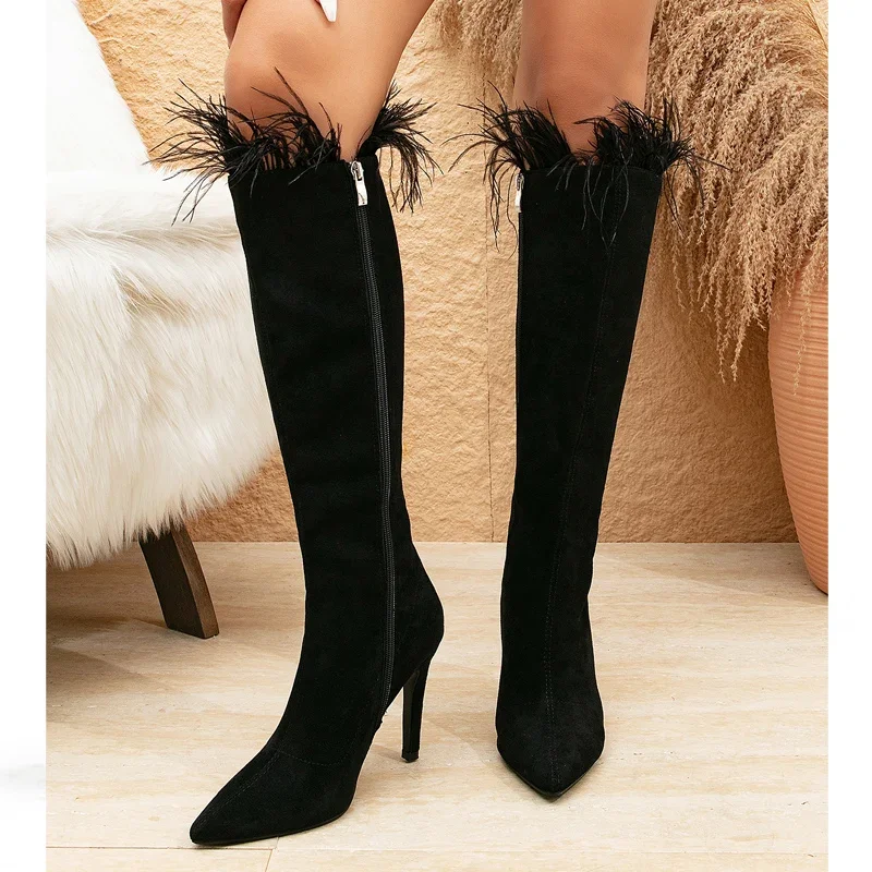 Eilyken Design Style Faux Fur Pointed Toe Women Knee-High Boots Sexy Thin High Heels Zipper Winter Nightclub Prom Shoes