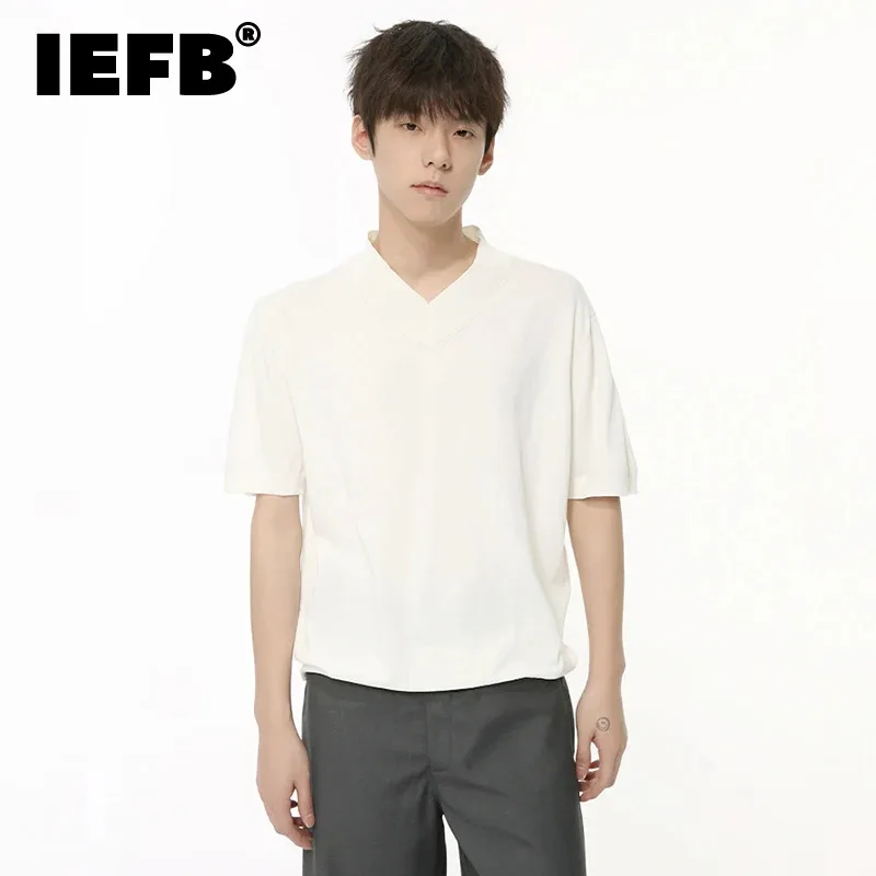 

IEFB New Fashion Male T-shirts Casual V-neck Knitting Short Sleeve Men's Tops Simple Solid Color Loose Tee Summer 9C6391