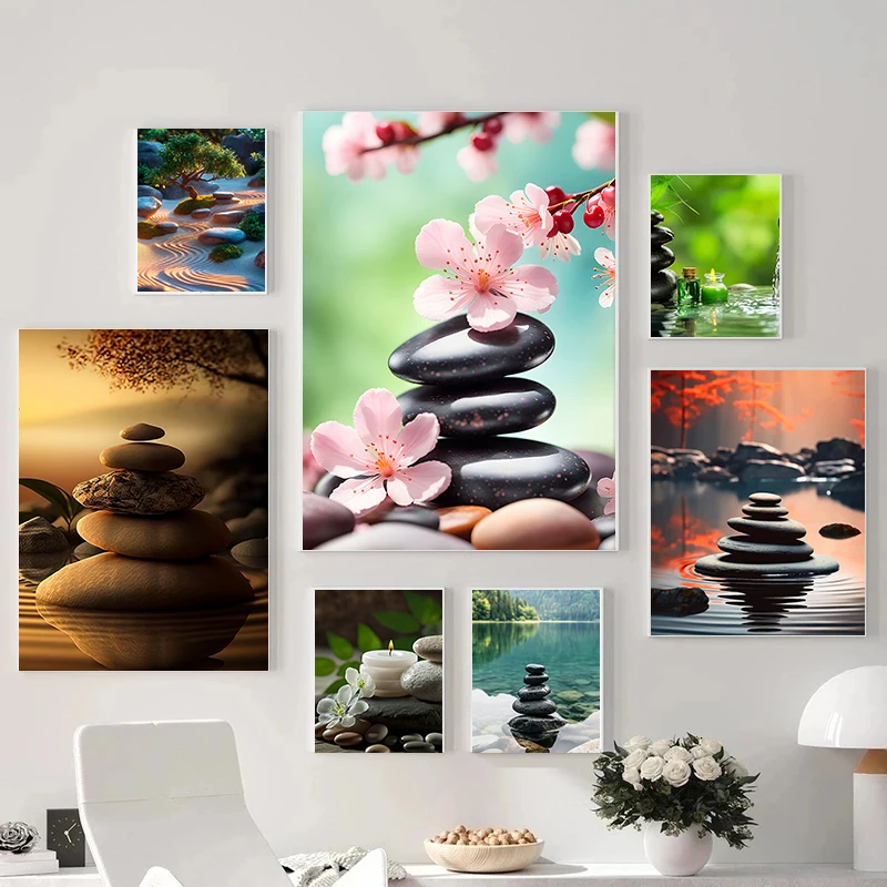 Tranquil Zen pierre méditation fleur de pêcher Lotus lac bambou Art affiche toile peinture à l'huile peinture murale salon décor à la maison