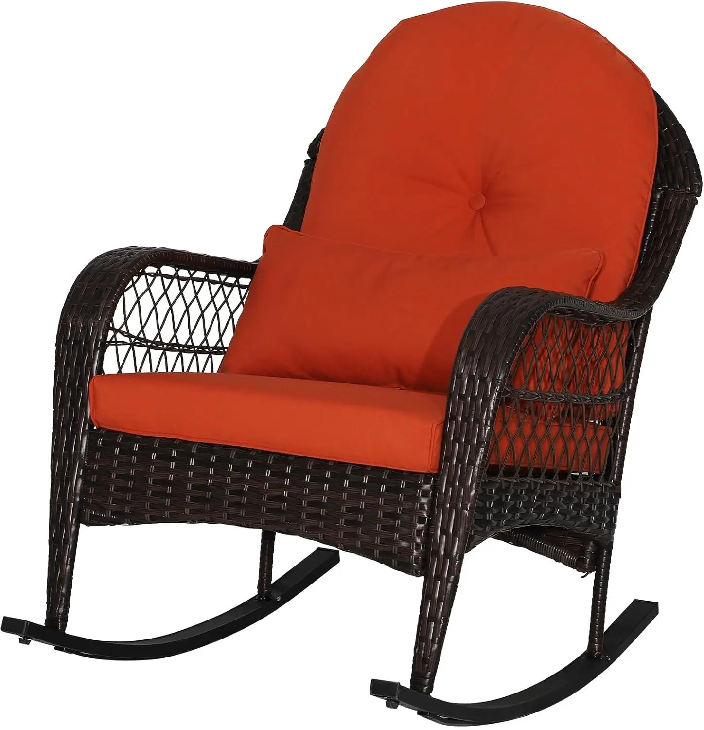 

Outdoor Wicker Rocking Chair, Patio Rattan Rocker w/Lumbar Pillow, Padded Seat & Back Cushions, Metal Frame, Mix Brown Wicke