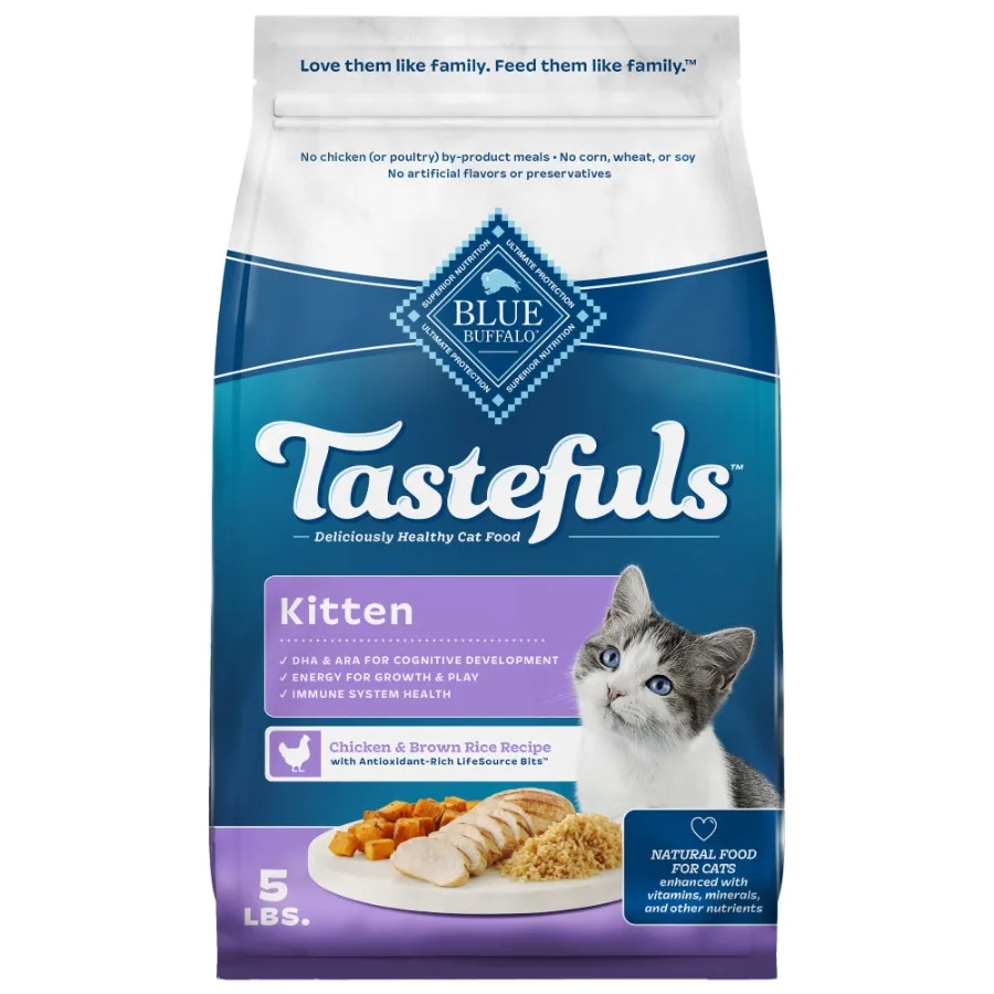 

Tastefuls Natural Kitten Dry Cat Food for Growth Digestion Support, Chicken and Brown Rice Recipe, Light Brown, 5-lb. Bag