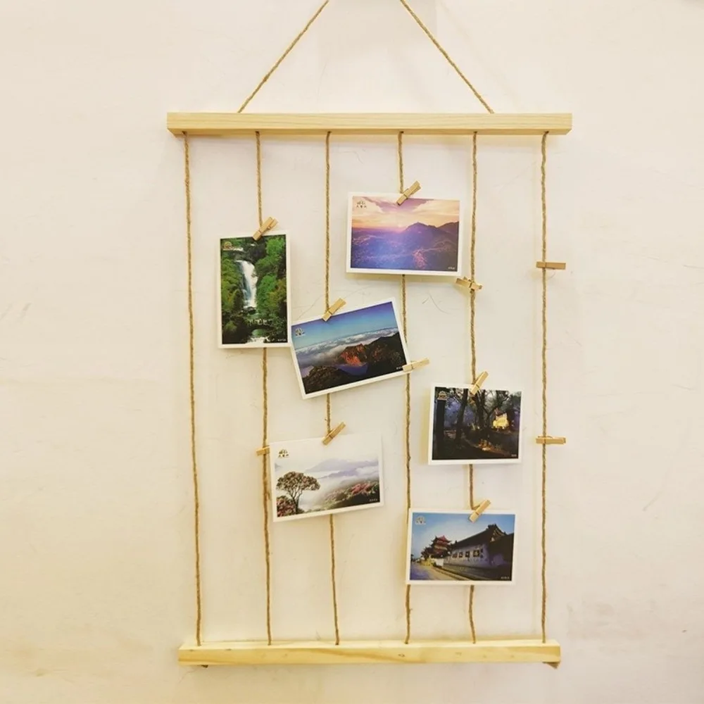 Hanging Photo Display Holder Handmade Wood Splint Picture Frames Multiple Pictures Hangers Picture Board Collage Wall Decor