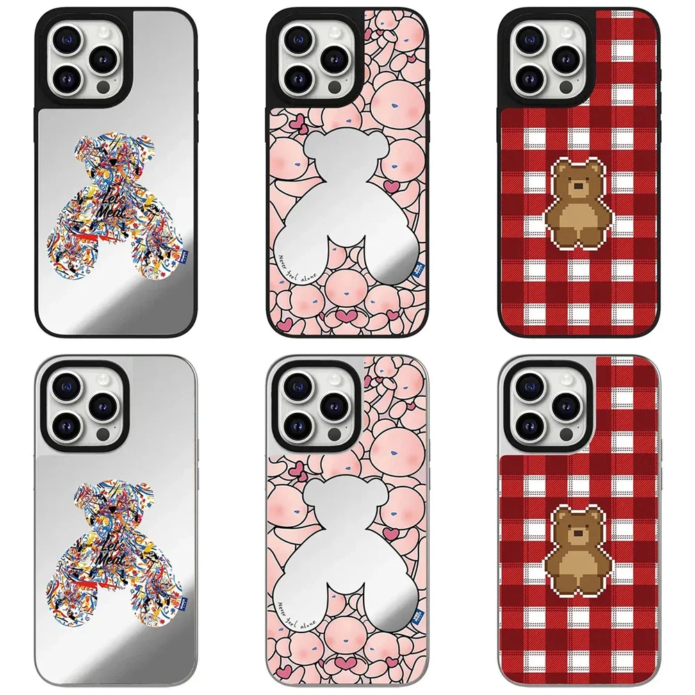 

Bear Red Plaid Black Silver Border Mirror Magnetic IPhone 12 13 14 15 16 Pro Max Case - Protective IPhone Case with MagSafe