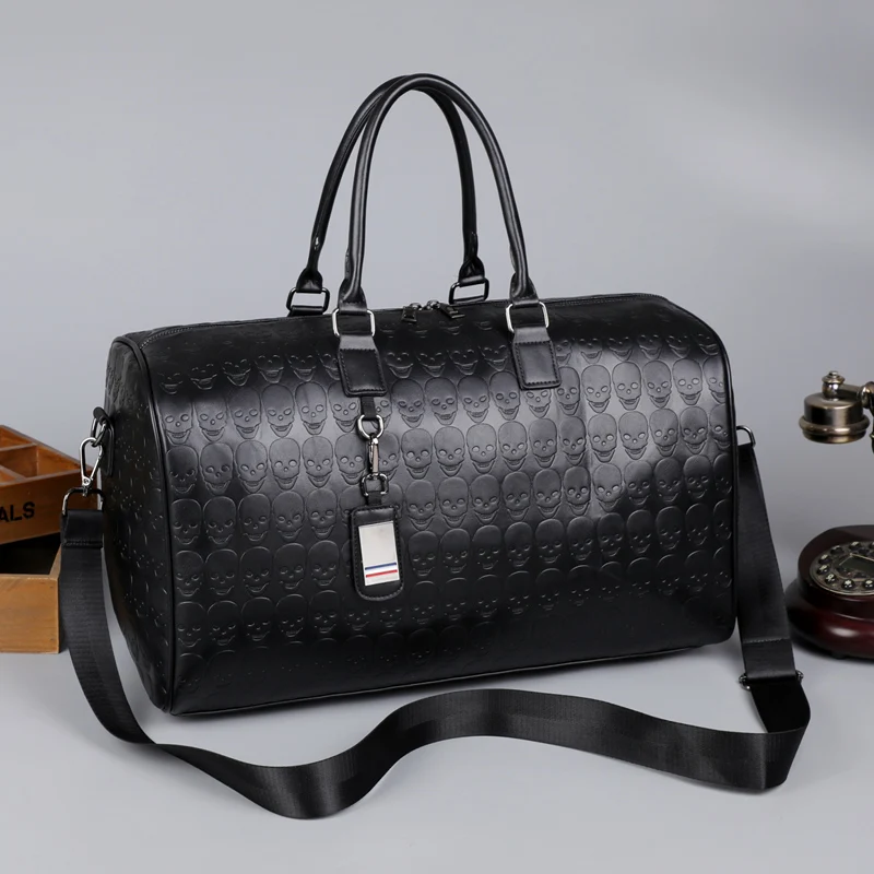 Fashion Embossed Black PU Travel Bags With Skull Pattern Large Capacity Duffel bag Casual Trend Men Women Waterproof Fitness Bag